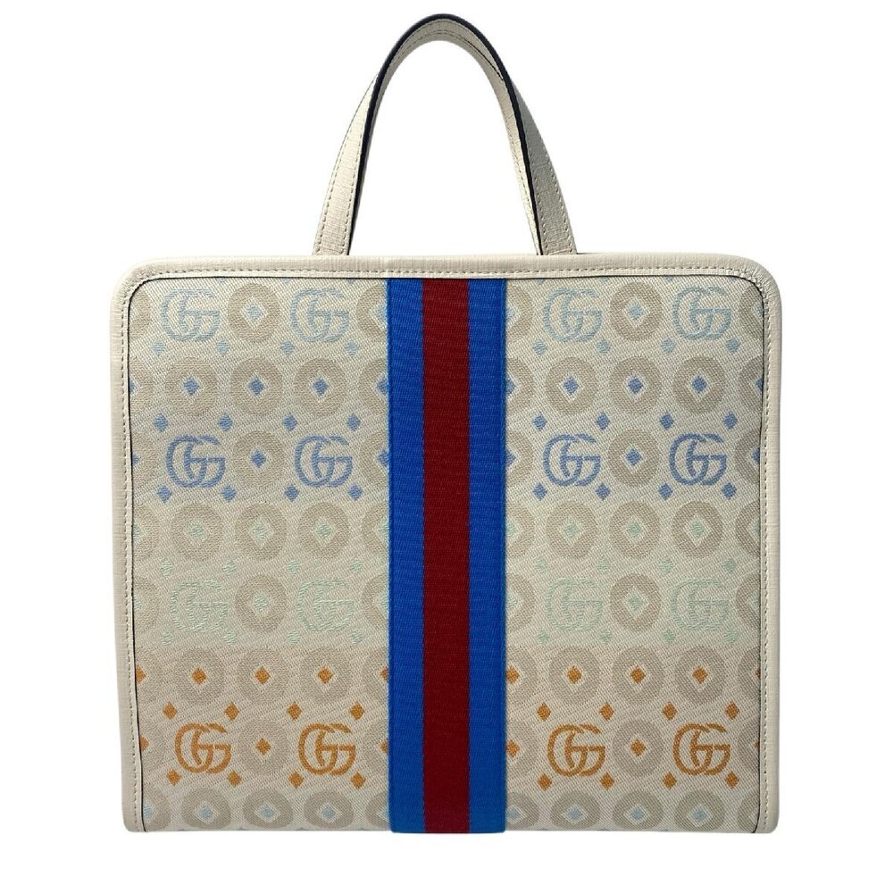 Gucci GG Print Tote Bag beige canvas logo central blue red web